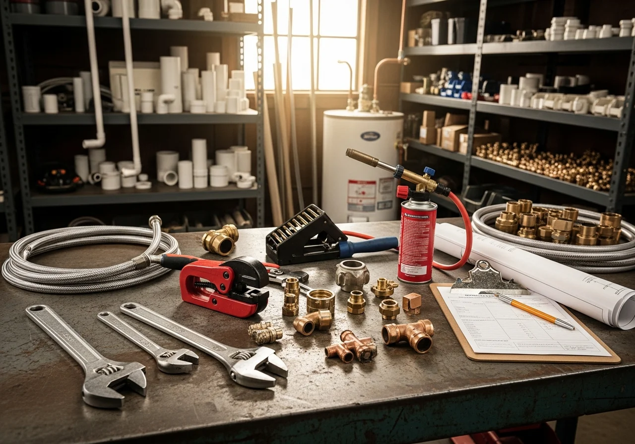 Professional plumbing tools and equipment arranged on a work surface, representing the trade expertise and service readiness of the company.