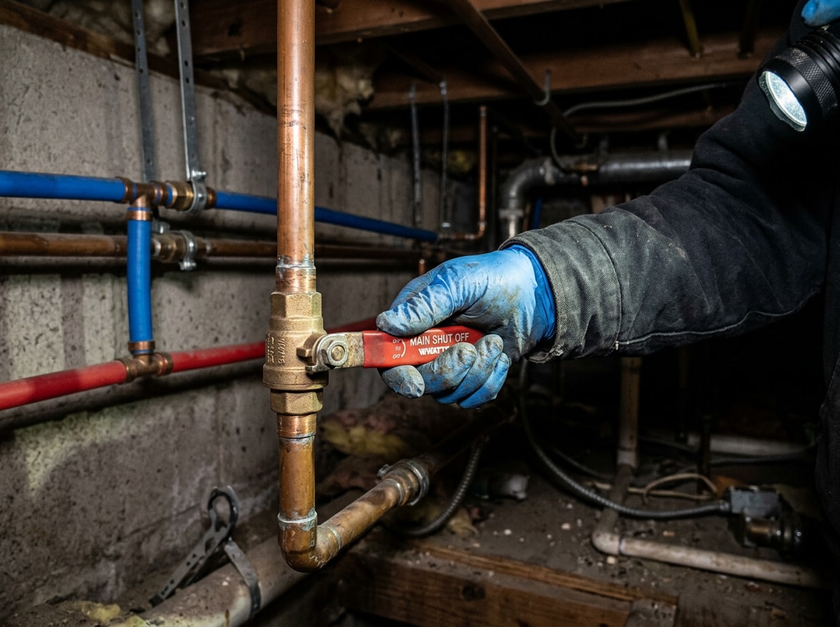 Technician shutting off a residential main water valve during an emergency plumbing call
