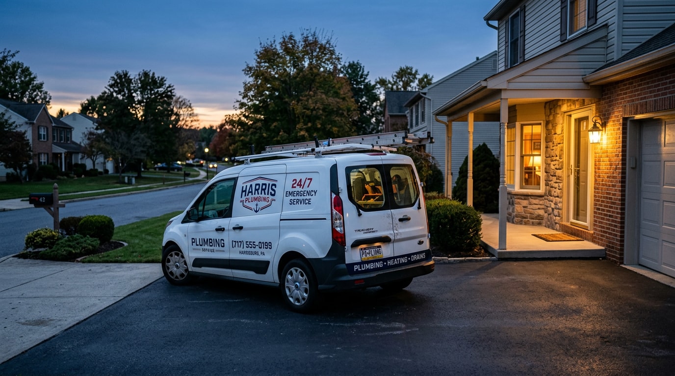 Plumbing service van parked outside a home in Cranberry Township, PA at night for a 24 hour emergency call