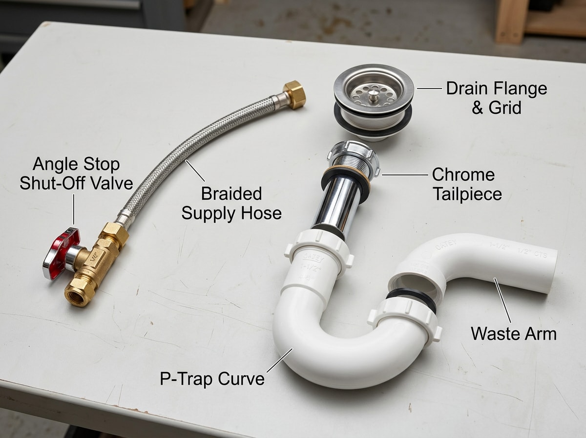 Labeled diagram of under-sink plumbing parts including shut-off valve, supply hose, P-trap, tailpiece, and drain flange
