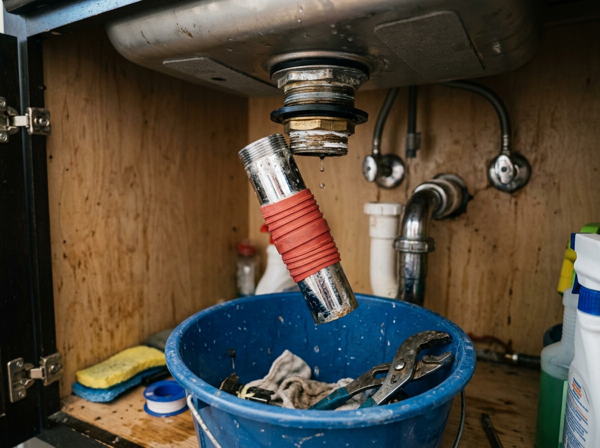 Close-up photo showing a tailpiece being removed from a bathroom sink drain during a leak repair