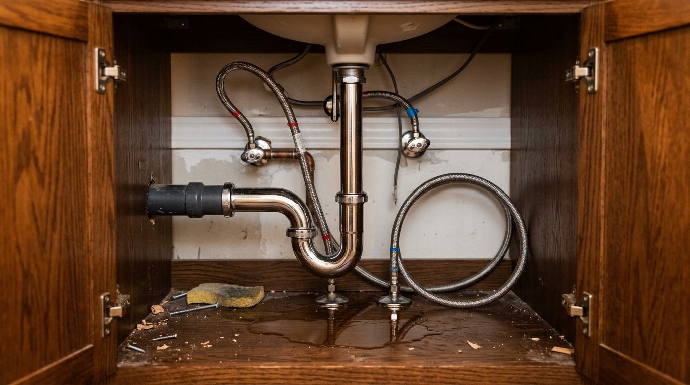 Open bathroom vanity cabinet showing a leaking P-trap and supply line connections under the sink