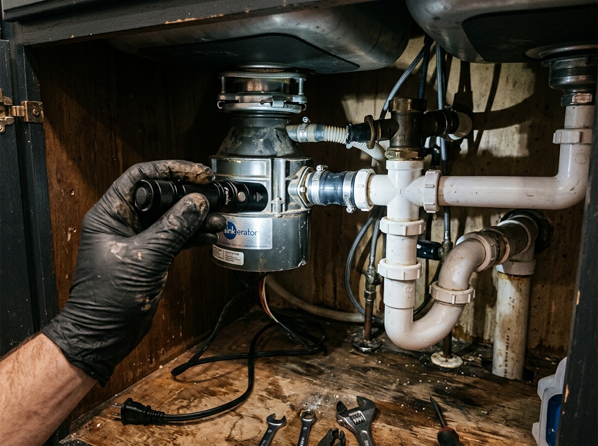 plumber inspecting a jammed garbage disposal for repair in a Wexford PA kitchen