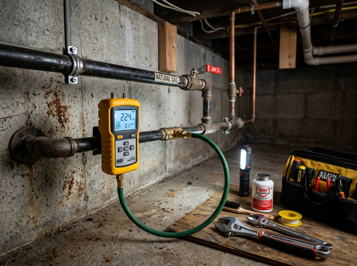 Plumber performing a gas line pressure test as part of a repair verification process