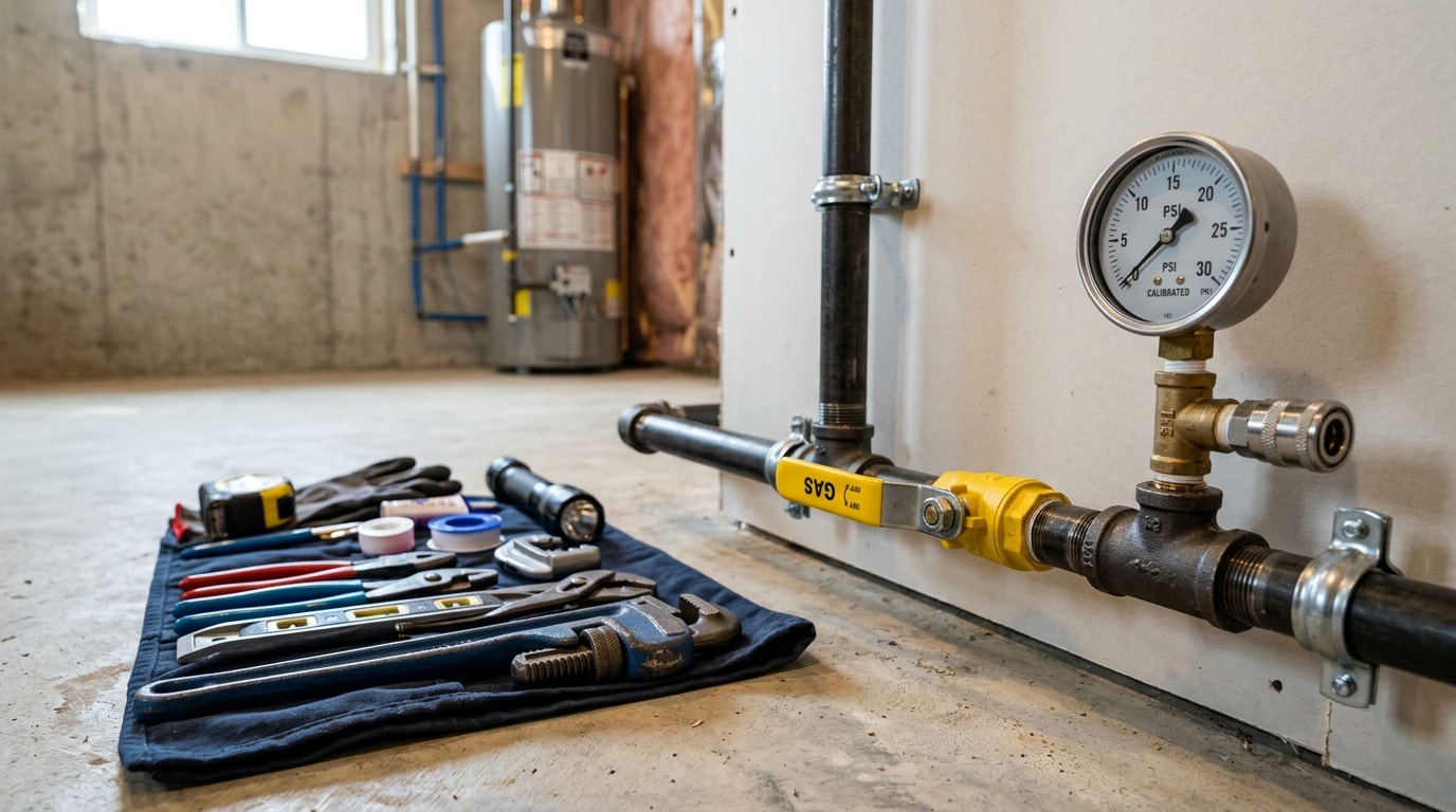 Residential gas line with shutoff valve and pressure test gauge in a home utility area
