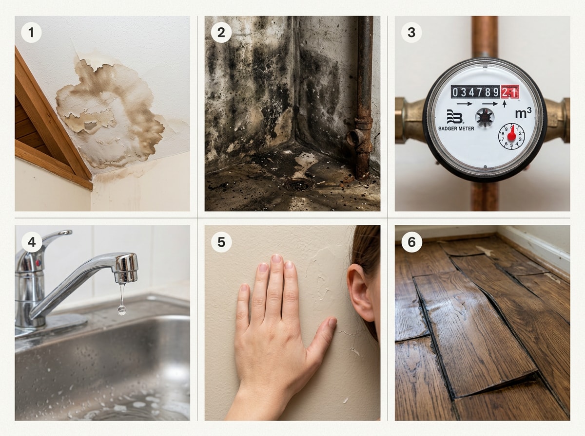Six warning signs of a hidden plumbing leak shown as simple icons: water stains, musty odor, high water bill, dripping fixture, running water sound, soft flooring