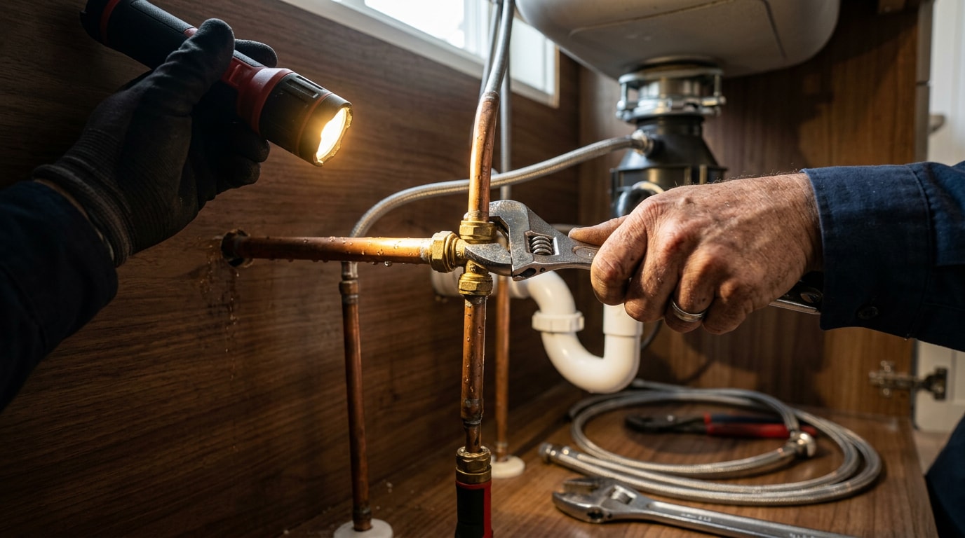 Plumber repairing a leaking pipe fitting under a kitchen sink in Valencia, PA