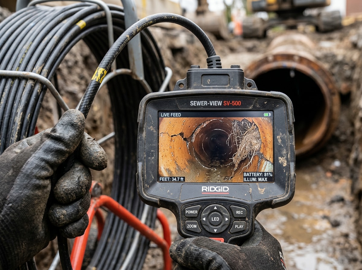 Technician's view of a sewer camera monitor during an inspection of an underground clay pipe