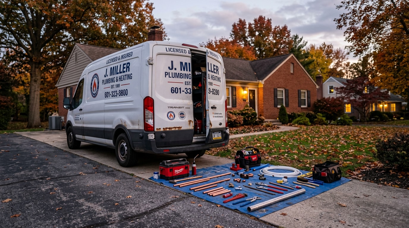 Plumbing work truck and tools staged outside a home in Mars, PA for a sewer repair job
