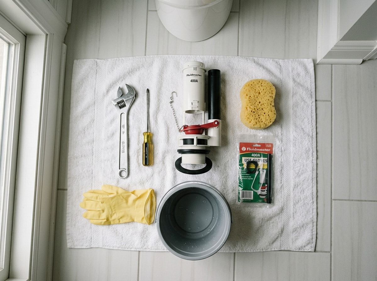 Flat-lay of toilet repair tools and flush valve replacement kit parts on a towel