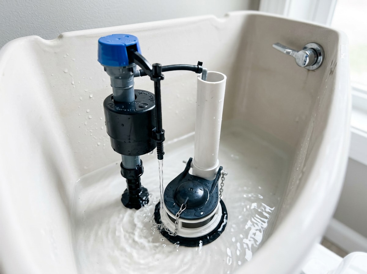 Close-up of a toilet tank with a new flush valve seated and gasket installed, tank lid removed