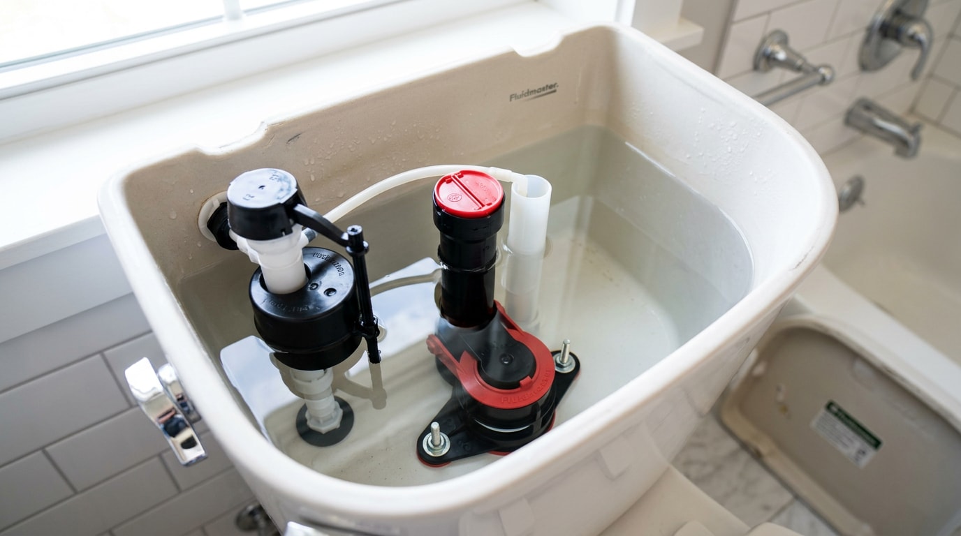 Newly installed toilet flush valve inside an open residential toilet tank