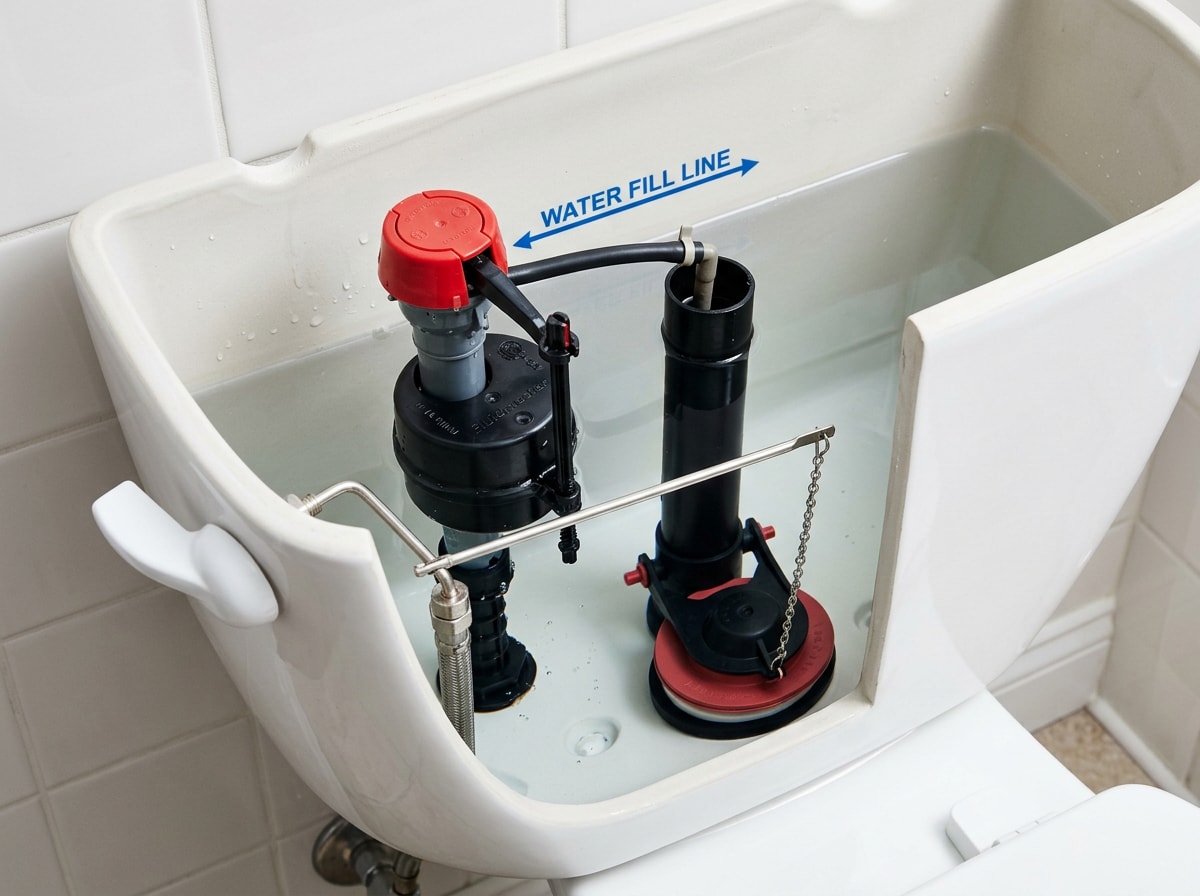 Toilet tank with lid removed showing flapper, fill valve, and overflow tube