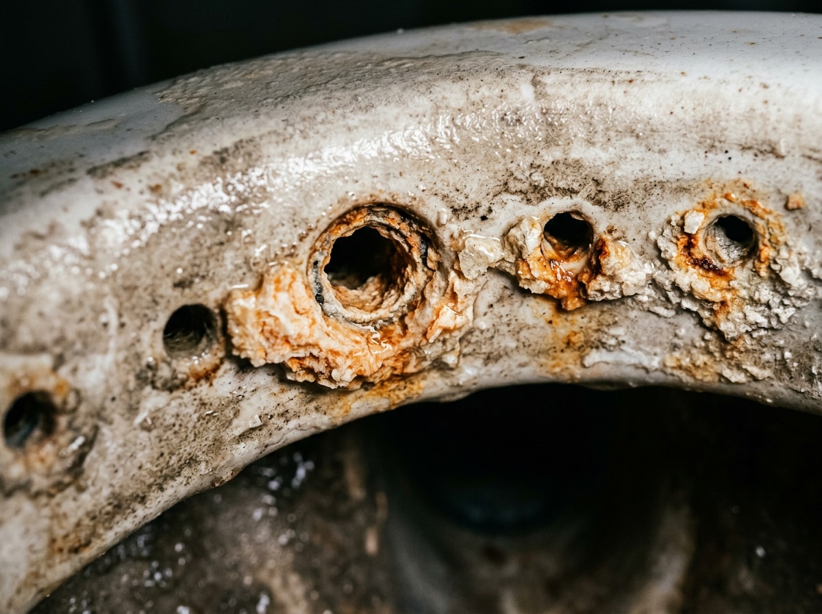 Close-up diagram of toilet bowl rim jets and inlet holes affected by mineral buildup