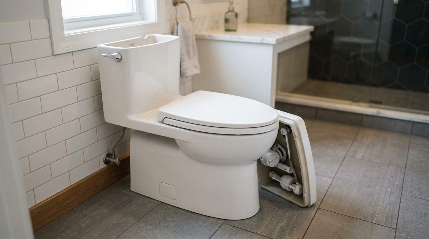 Modern toilet in a Wexford, PA bathroom with tank lid set aside for inspection