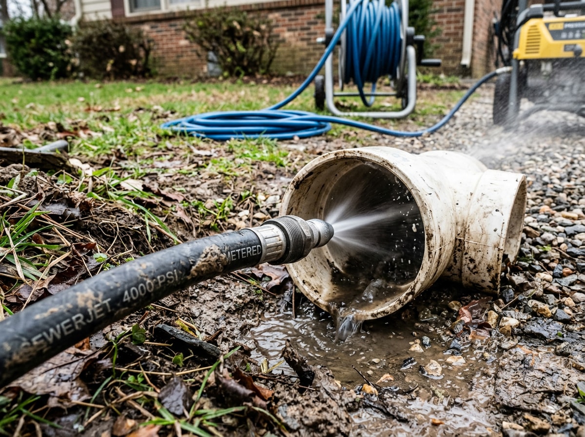 Plumber performing hydro jetting to clear a residential sewer line in Cranberry Township, PA