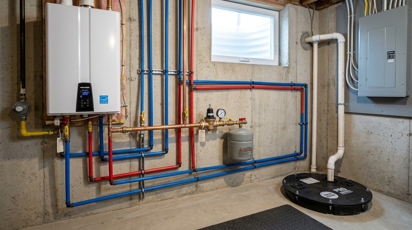 Modern residential plumbing and water heater setup in a Pennsylvania home basement