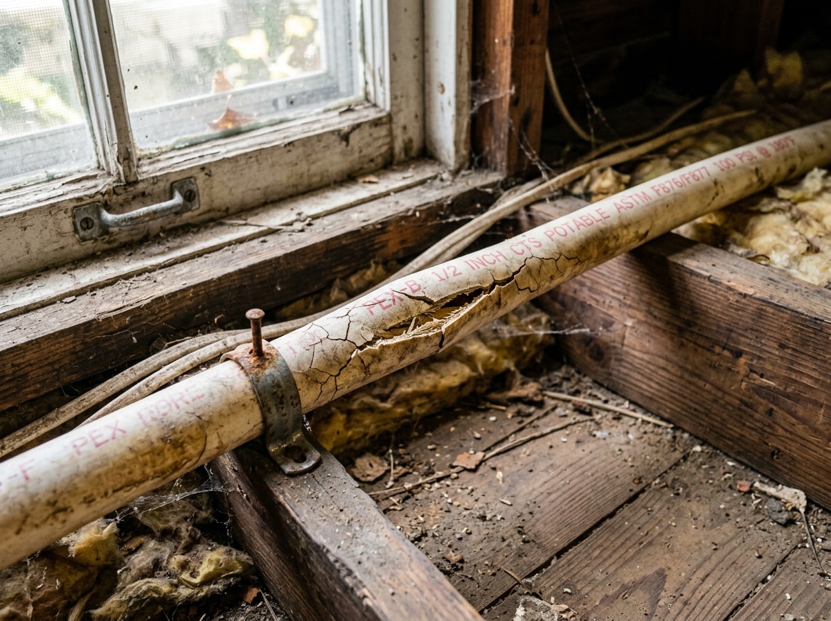 Cracked and discolored PEX tubing showing UV sunlight exposure damage