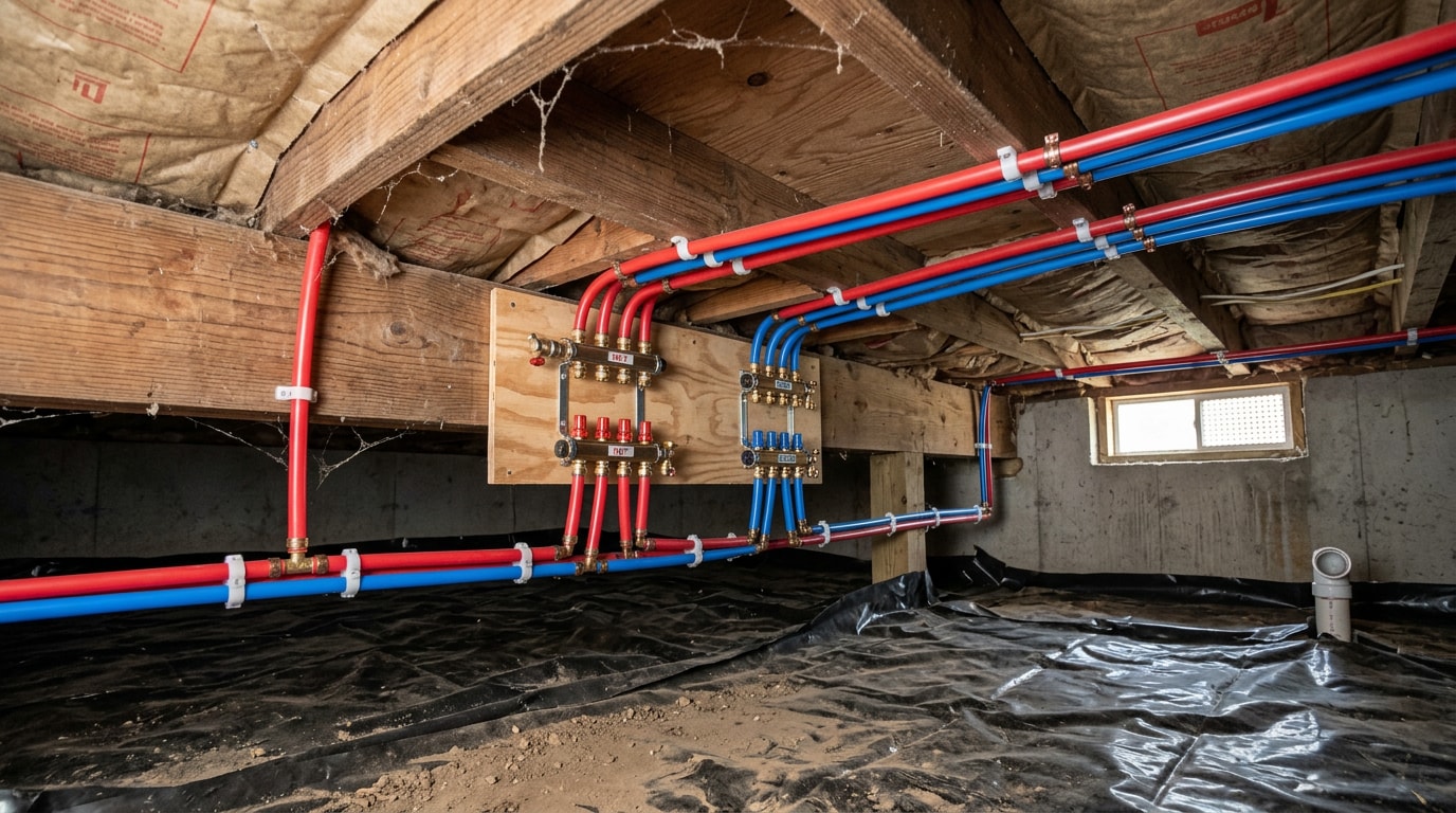 Professionally installed PEX plumbing tubing in a home crawl space