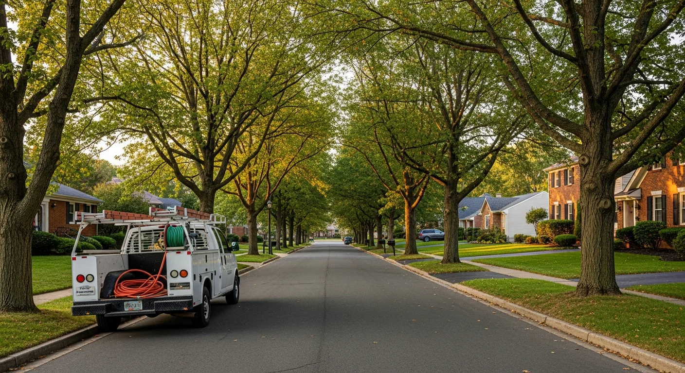 Suburban residential street in Cranberry Township with mature trees, brick homes, and well-maintained lawns on a clear day.