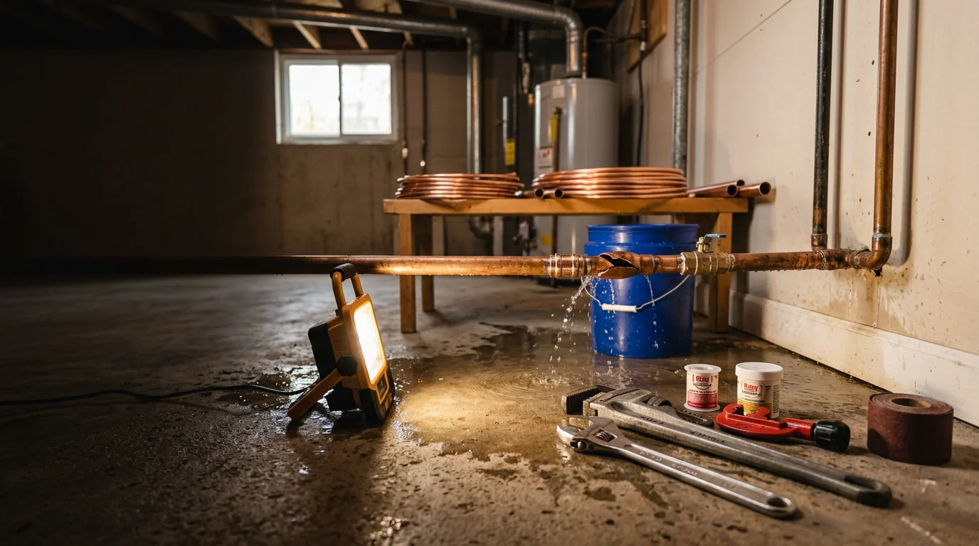 A plumber repairing a burst pipe under a kitchen sink in a Cranberry Township single-family home at night. Water damage is visible on the cabinet floor, and the technician is using a wrench to secure the repaired line.