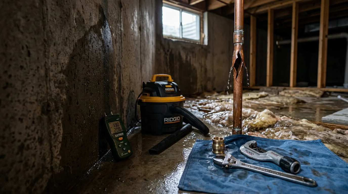 A plumber repairing a burst pipe inside the wall of a Cranberry Township, PA home, with water damage visible on the surrounding drywall. The repair site shows exposed piping being assessed before the fix is made.
