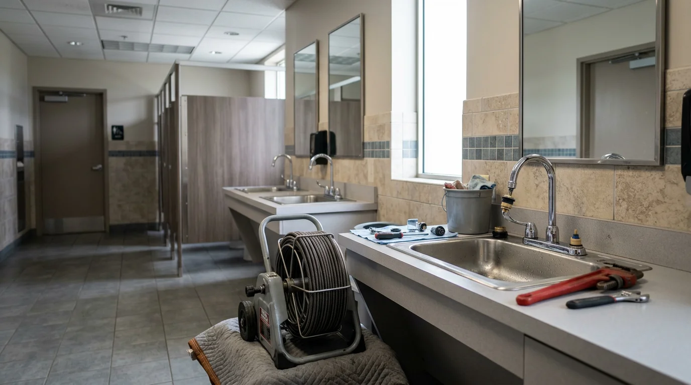A commercial plumber inspecting under-sink pipe connections in a business restroom in Cranberry Township, Pennsylvania. The image shows exposed supply lines and drain fittings in a clean, well-lit commercial setting.