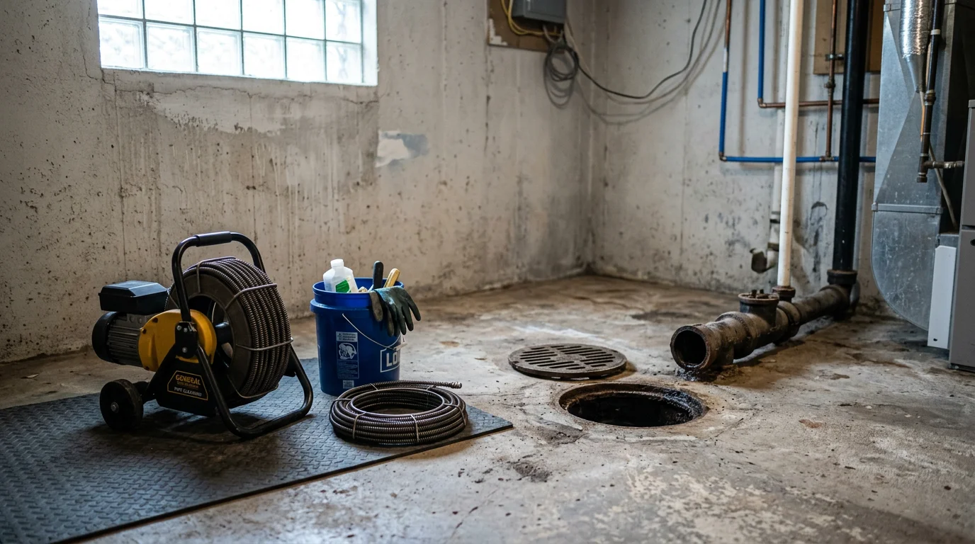 A plumber clearing a clogged kitchen drain in a Cranberry Township home, with professional drain cleaning equipment visible on the countertop. The sink shows restored water flow after the blockage was removed.