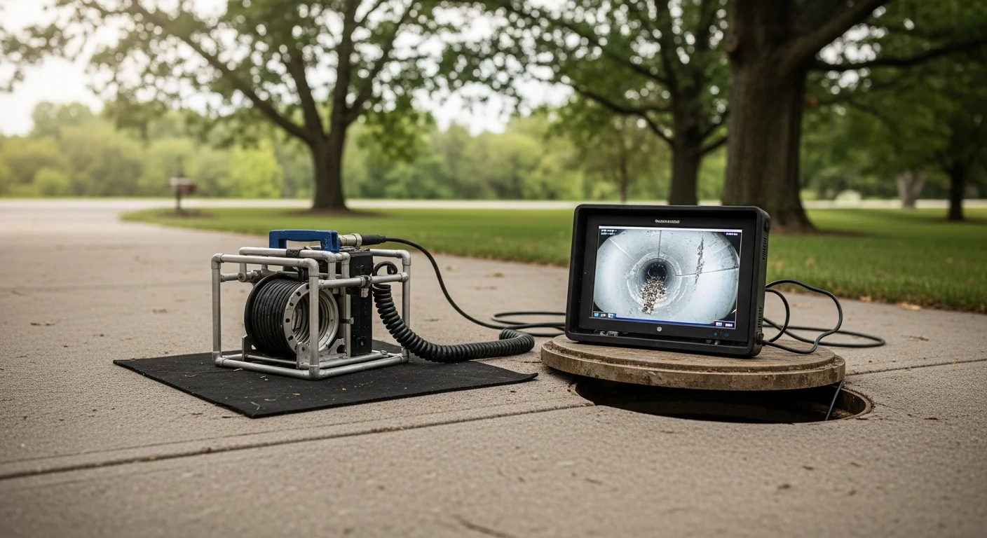 A plumber from Out Of This World Plumbing Services feeds a drain inspection camera into a floor drain inside a Cranberry Township, PA home. The monitor beside the technician displays a live video feed of the interior pipe walls.