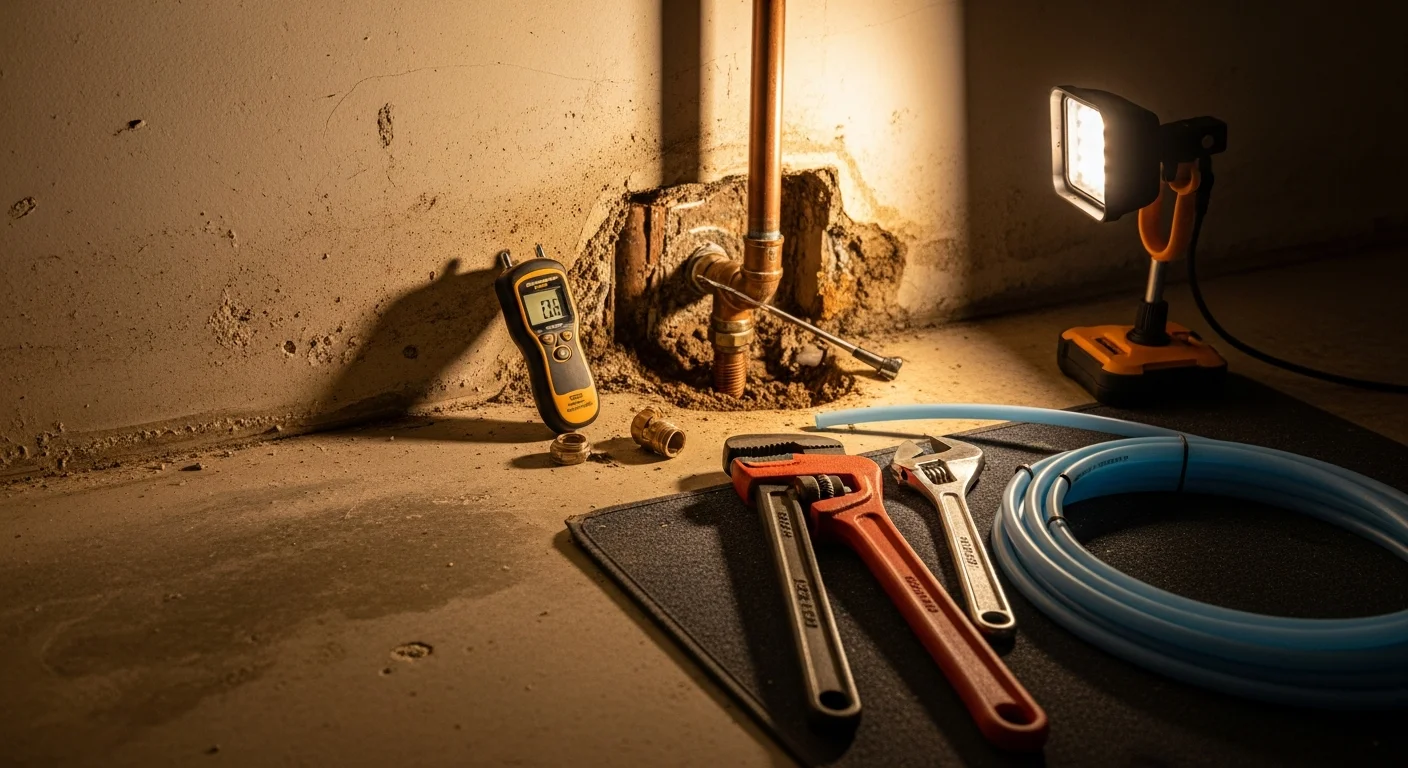 A licensed plumber repairing a burst pipe under a sink inside a Cranberry Township, PA home. Water shutoff valve and repair tools are visible in the foreground.