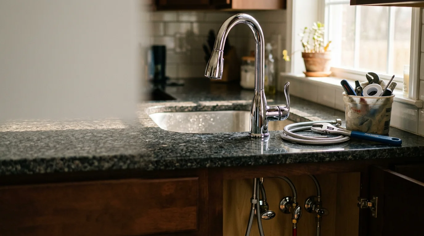A plumber installing a new kitchen faucet beneath a sink in a Cranberry Township home, with supply line connections visible and shut-off valves in place. The work area is dry and the cabinet interior is clear of tools and debris.