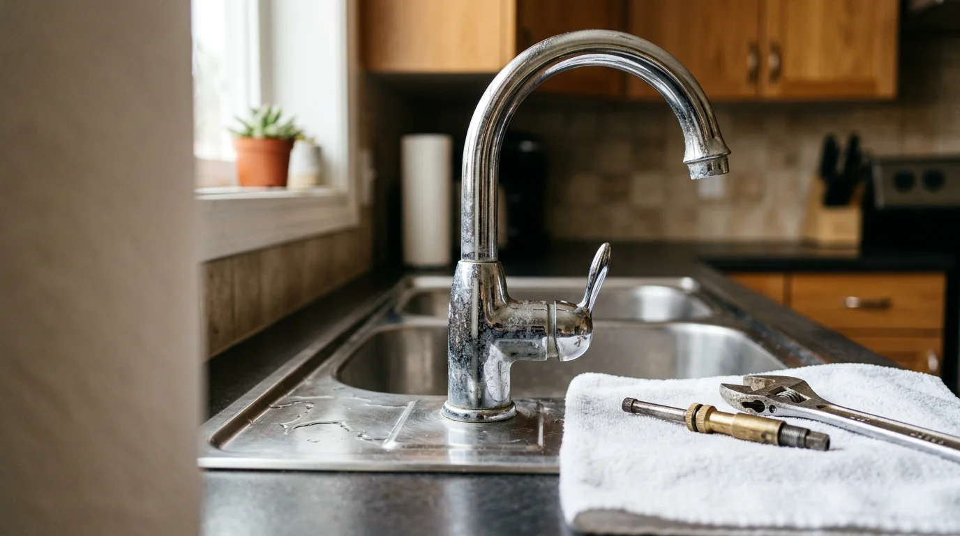 A plumber repairing a kitchen faucet under a sink in a Cranberry Township home, with tools laid out on a cloth beside the cabinet. The faucet valve and supply lines are visible during the repair.