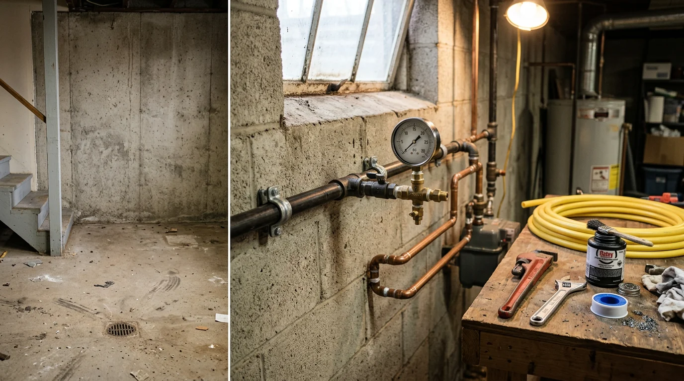 A plumber connecting a new gas line to a residential appliance hookup in a Cranberry Township home. The pipe run is neatly routed along the wall with a shutoff valve installed at the connection point.