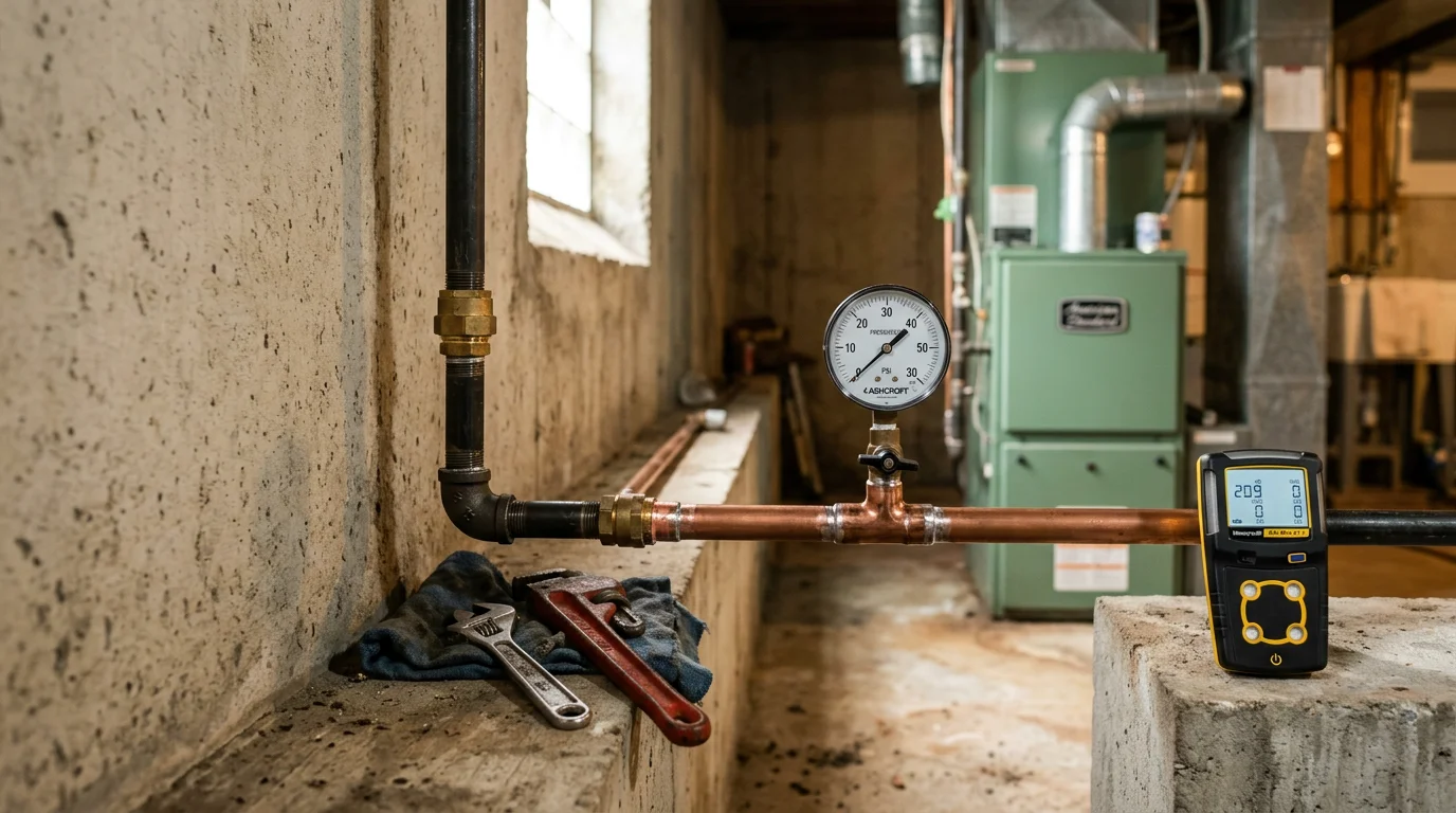 A plumber inspecting and repairing a residential gas line connection in a Cranberry Township home utility room. The image shows exposed gas piping near a water heater with repair tools visible.