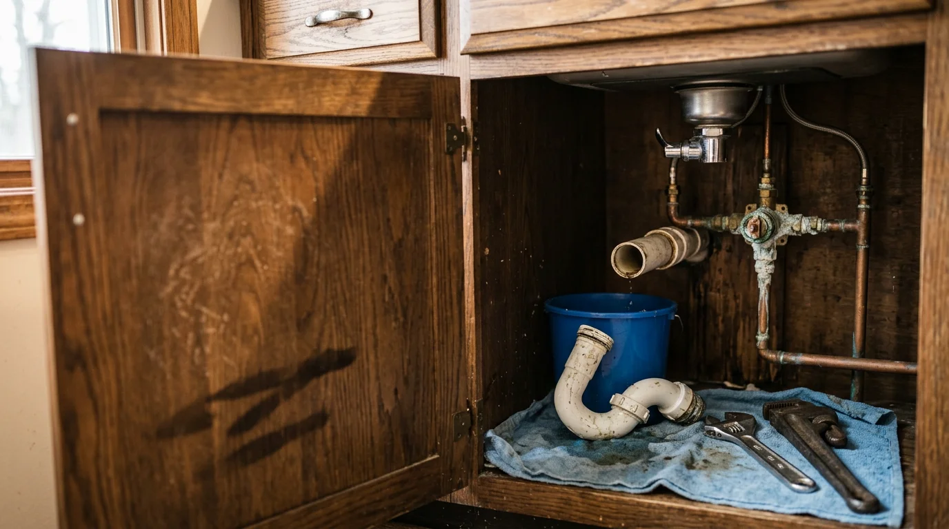 A plumber inspecting a pipe connection beneath a kitchen sink in a single-family home in Cranberry Township, Pennsylvania. The work area is clean and tools are laid out in an organized manner on the cabinet floor.