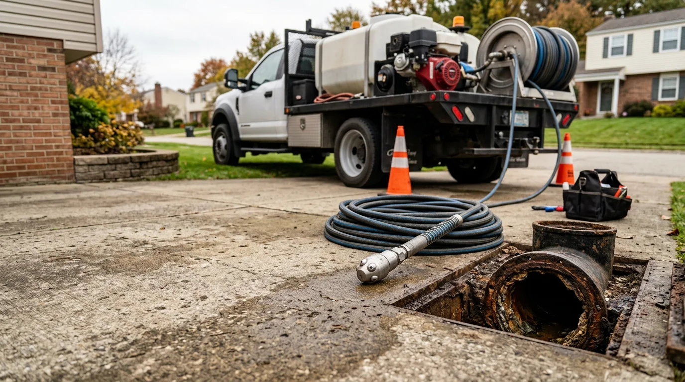 A plumber from Out Of This World Plumbing Services running a hydro jetting hose into a residential cleanout access point in Cranberry Township, PA. The pipe interior is visible in a camera monitor showing cleared walls after high-pressure water cleaning.