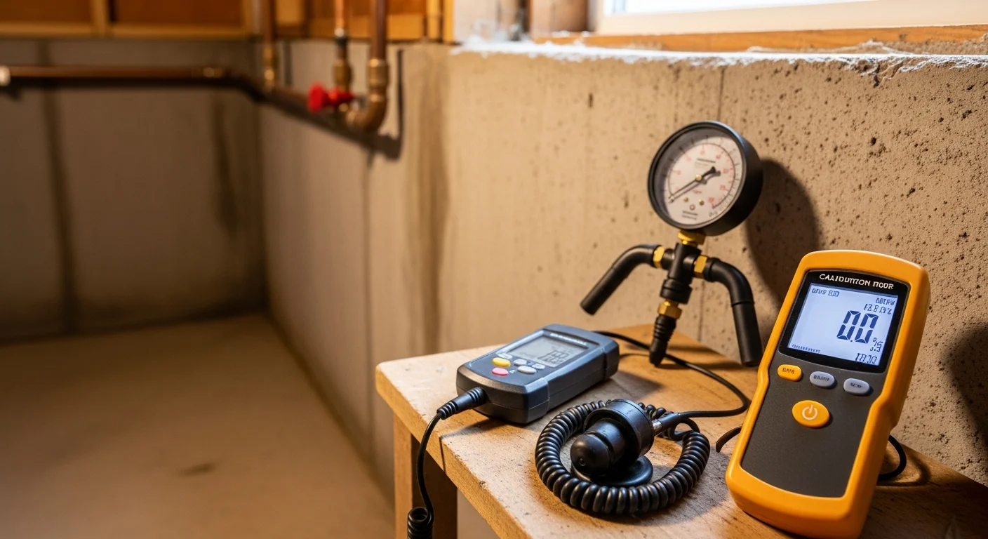 A plumber using an acoustic listening device to detect a hidden pipe leak beneath the floor of a single-family home in Cranberry Township, PA. The technician kneels near a baseplate wall with detection equipment in hand, showing a non-invasive inspection in progress.