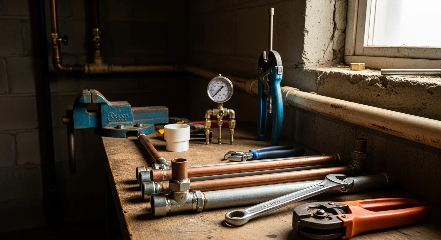 A licensed plumber repairing a corroded pipe section beneath a kitchen sink in a Cranberry Township, PA home. The repaired copper line is visible with new fittings installed and no signs of moisture or leaking.