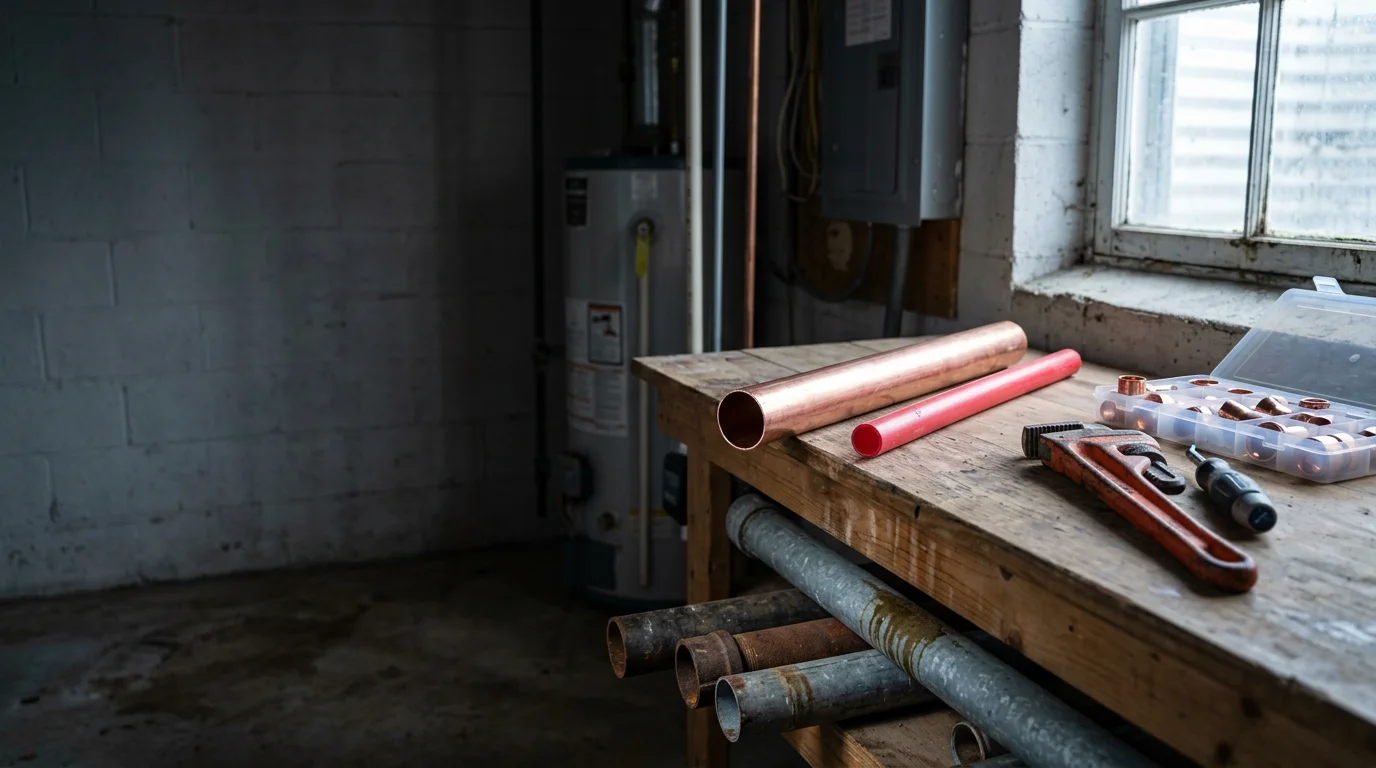 A plumber replacing corroded copper supply pipes inside a Cranberry Township home, with old pipe sections removed and new lines ready for connection. The work area shows exposed wall framing and clean pipe fittings in a western Pennsylvania residential setting.