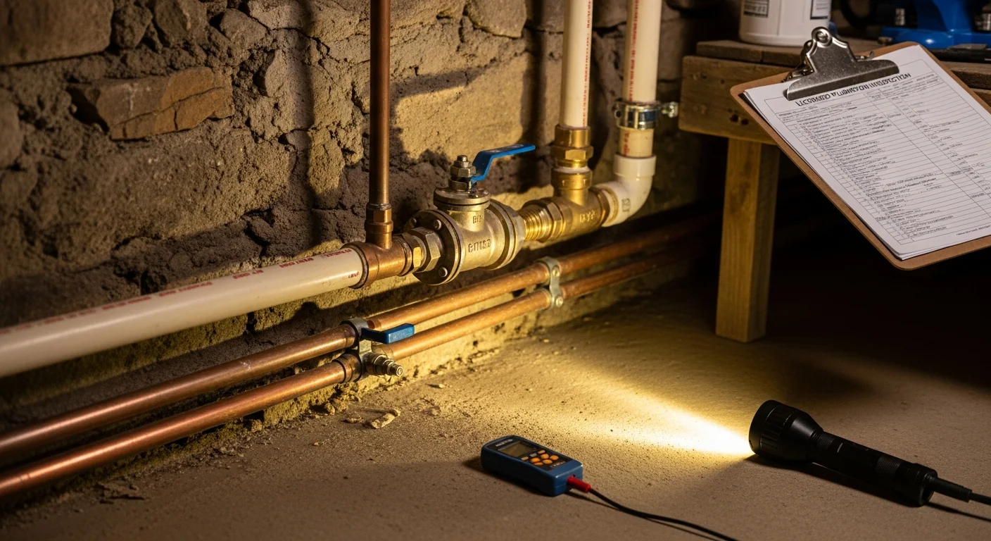 A licensed plumber from Out Of This World Plumbing Services inspecting exposed supply pipes and a water heater in the basement of a Cranberry Township, PA home. The plumber holds a flashlight and a clipboard while checking pipe connections and valve condition.
