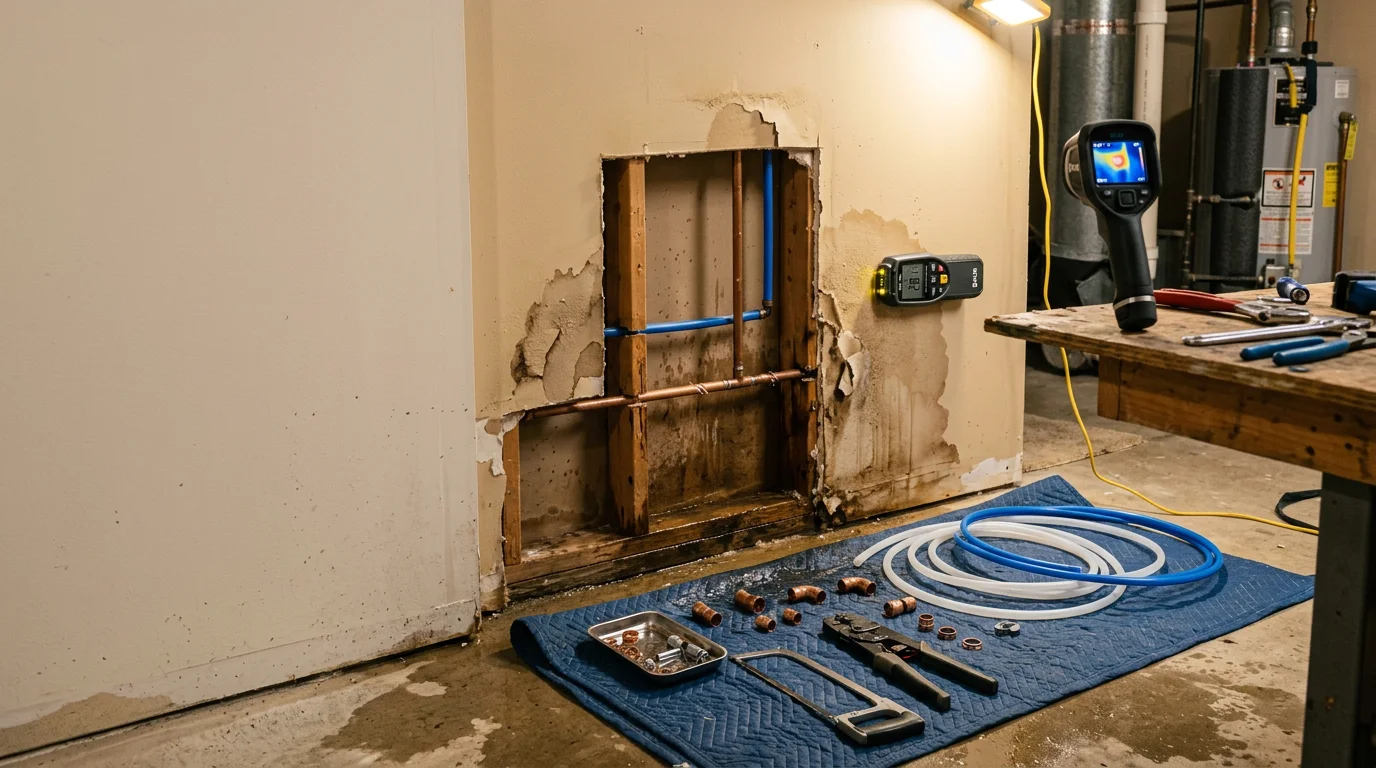 A plumber repairing a leaking supply line inside the wall of a residential home in Cranberry Township, Pennsylvania. The pipe fitting has been exposed and the repair is in progress, with tools visible on a clean work surface nearby.