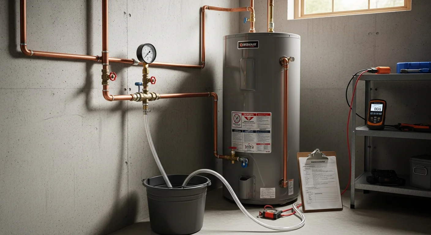 A licensed plumber inspecting exposed water supply pipes and a water heater in the utility room of a Cranberry Township residential home. The technician checks pipe connections and reviews system components during a routine plumbing maintenance visit.