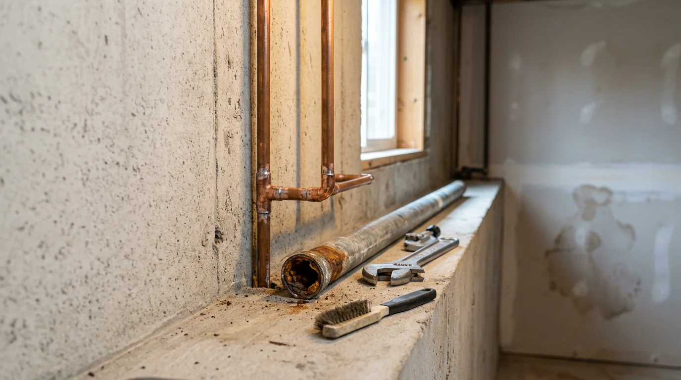 A plumber repairing a corroded pipe section in the basement of a residential home in Cranberry Township, Pennsylvania. The repaired copper joint is visible against concrete block foundation walls typical of older western Pennsylvania homes.