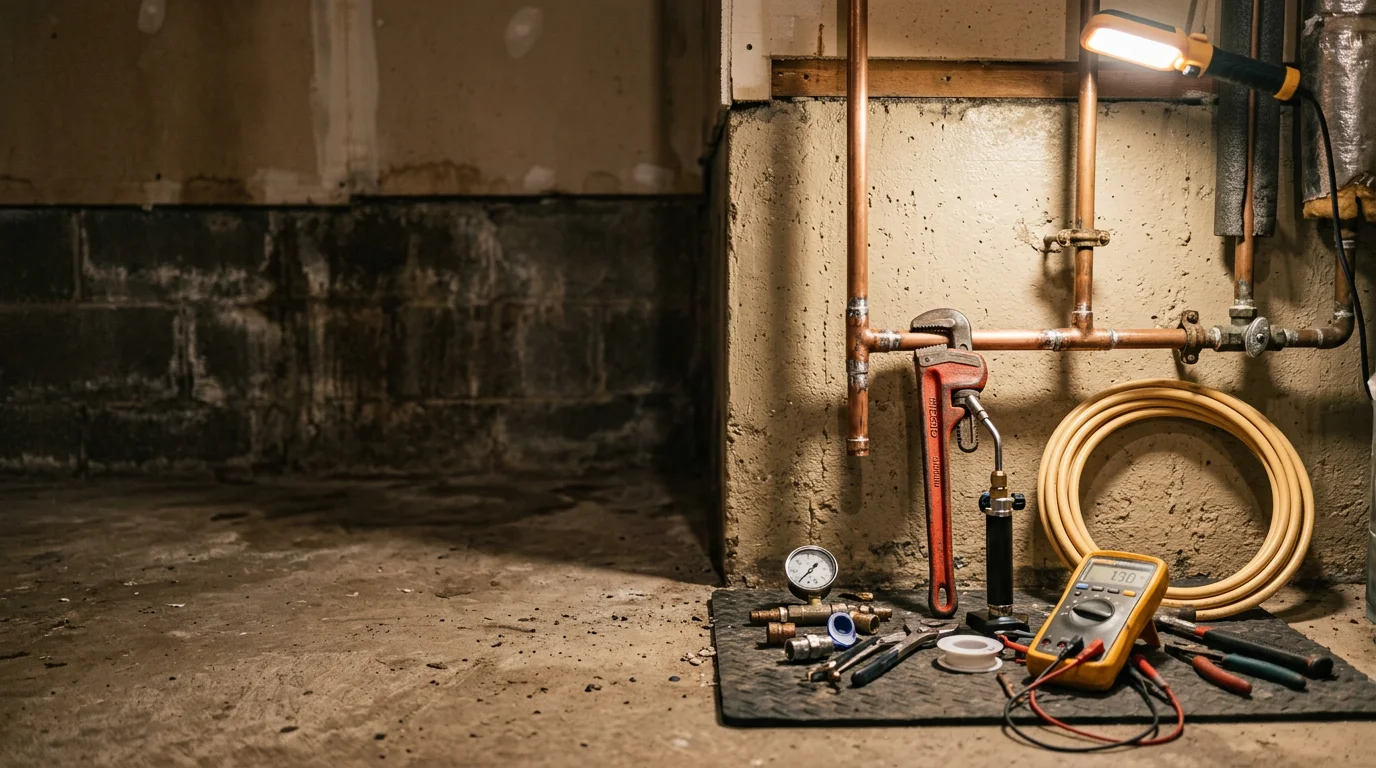 A plumber repairing a leaking pipe under a kitchen sink in a single-family home in Cranberry Township, PA. The work area is clean and tools are organized on the floor beside the cabinet.