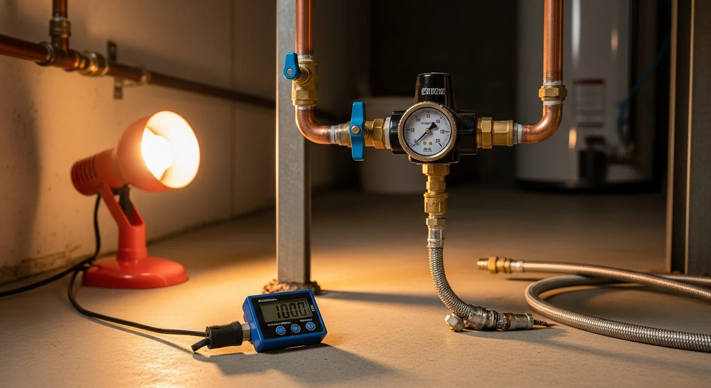 A licensed plumber from Out Of This World Plumbing Services installing a water pressure regulator on a main supply line inside a Cranberry Township, PA home. The regulator is mounted near the main shutoff valve in a utility area, with a pressure gauge visible on the fitting.