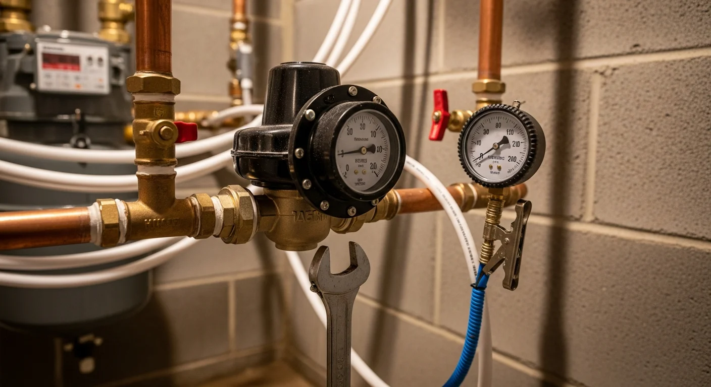 A licensed plumber inspecting and repairing a water pressure regulator valve on a residential supply line in a Cranberry Township, PA home. The valve is mounted near the main water shutoff with a pressure gauge visible.