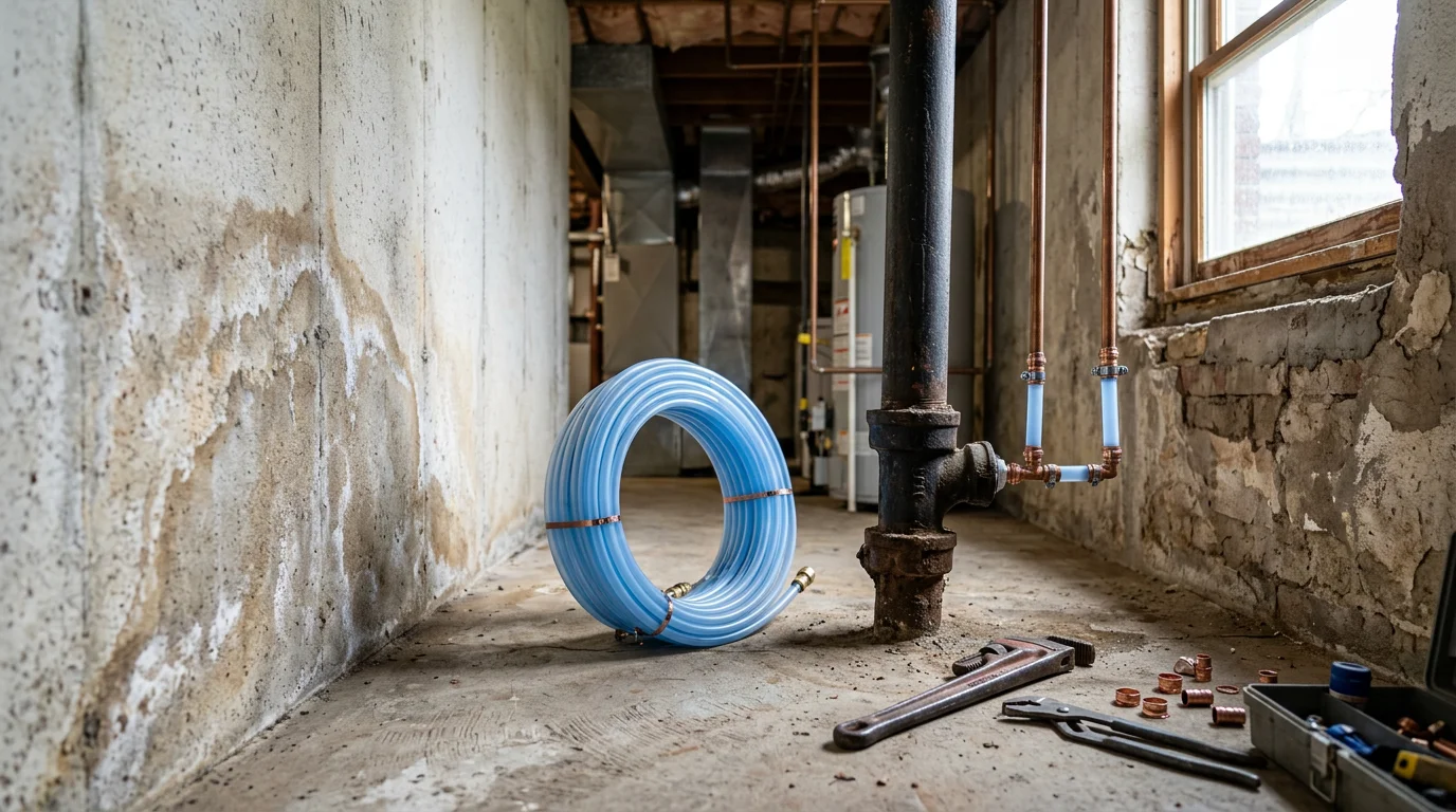 A plumber repairing a supply line under a kitchen sink in a single-family home in Cranberry Township, Pennsylvania. Tools and replacement pipe fittings are visible on the cabinet floor beside the work area.