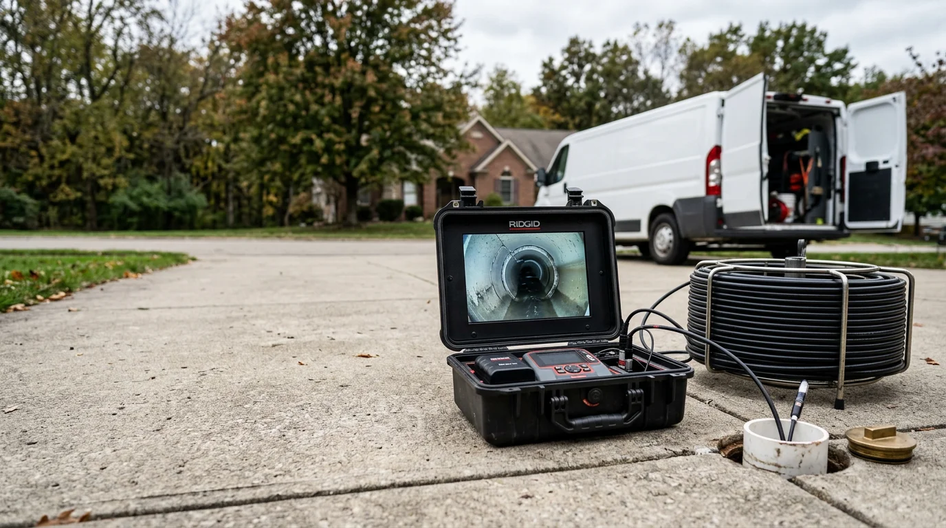 A plumber from Out Of This World Plumbing Services feeds a sewer camera line into a cleanout access point at a residential property in Cranberry Township, PA. The monitor displays a live view of the interior of a sewer pipe showing root intrusion and pipe buildup.