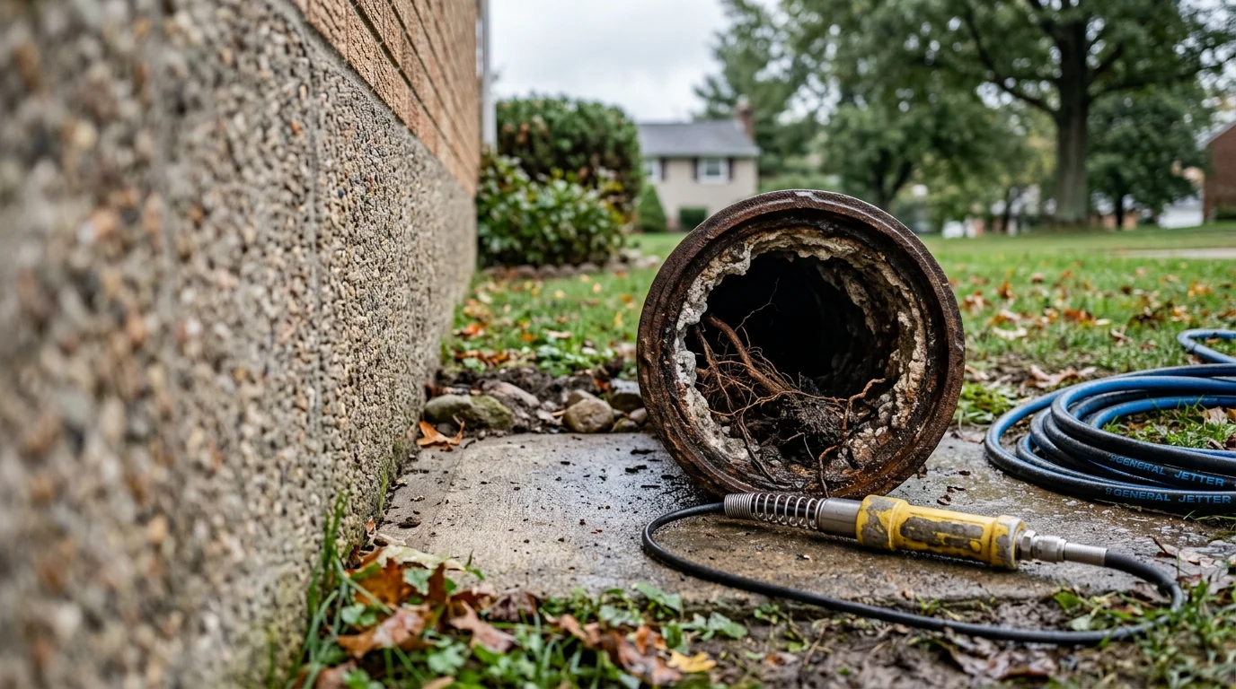 A plumber from Out Of This World Plumbing Services running a sewer cleaning cable into a lateral cleanout access point at a residential property in Cranberry Township, PA. The surrounding yard shows a mature tree line typical of established Butler County neighborhoods.