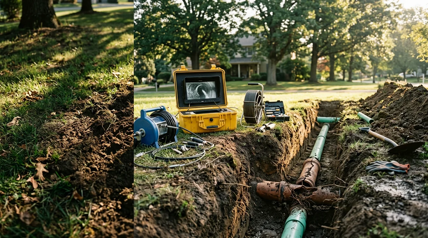 A plumber performing a sewer line camera inspection at a residential property in Cranberry Township, PA. The image shows the inspection equipment positioned at a cleanout access point in a suburban yard.